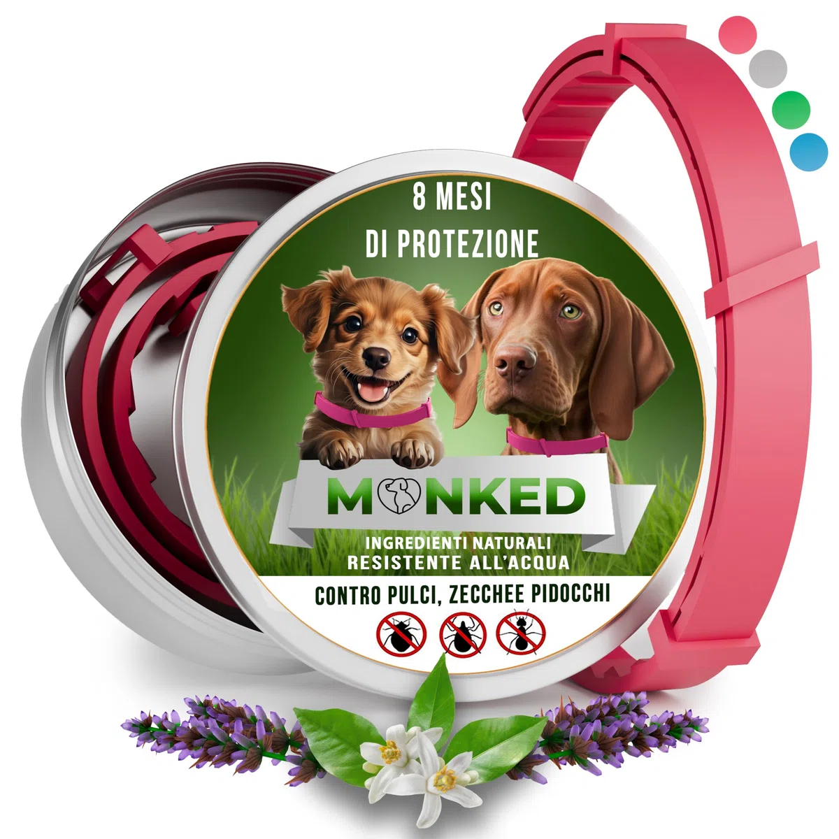Monked | Collare Naturale Antipulci e Zecche per Cani | Regolabile 64 cm | Protezione fino a 8 mesi | Impermeabile | Adatto a Cani Piccoli e Grandi (Rosa)