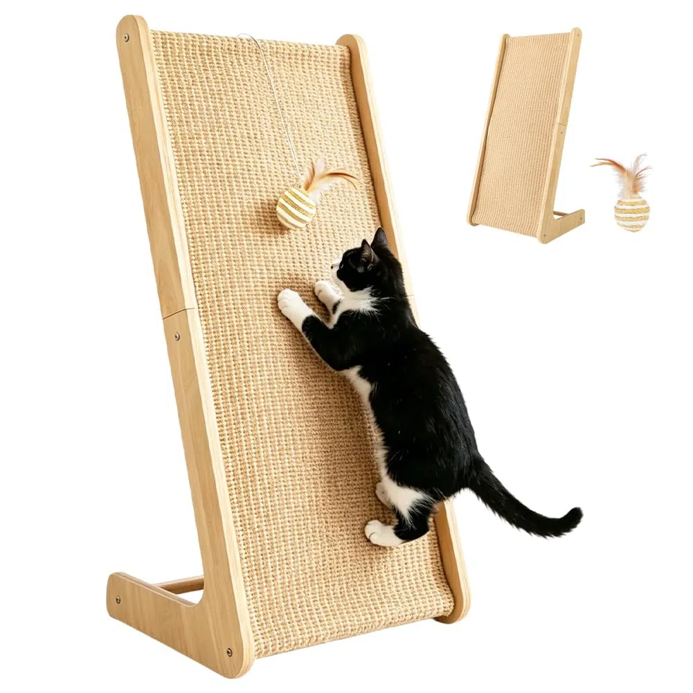 CEWROM Tiragraffi gatto grande 68 cm, sisal tiragraffi gatti, in legno di faggio massiccio e sisal naturale, design reversibile a forma di L, tappetino antigraffio per divano e protezione da parete