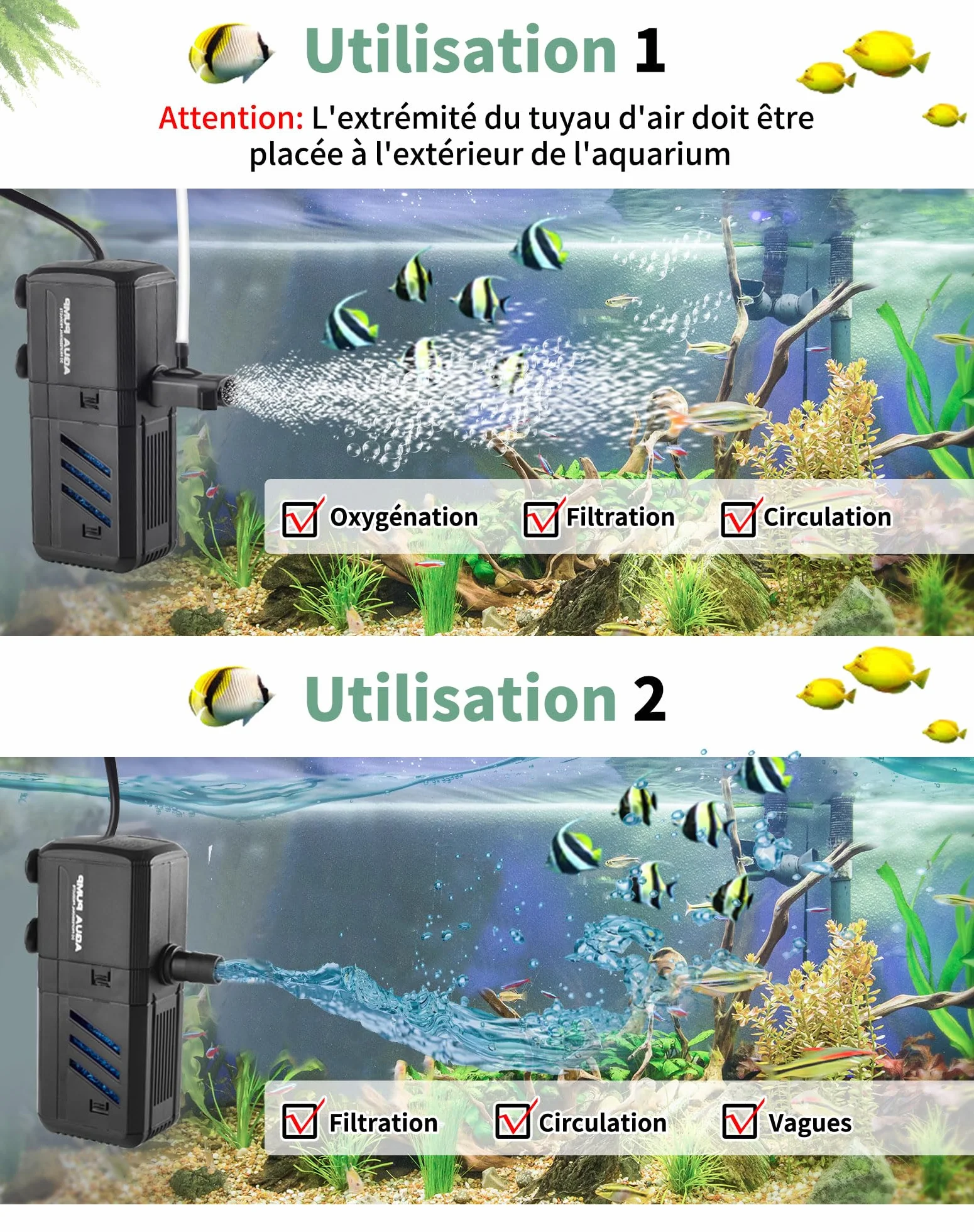 Filtro per Acquario Interno con Flusso Massimo di 500L/H 6W - Pompa Regolabile e Silenziosa per Acquari da 30L a 500L - Spugne Filtranti per Pesci e Tartarughe