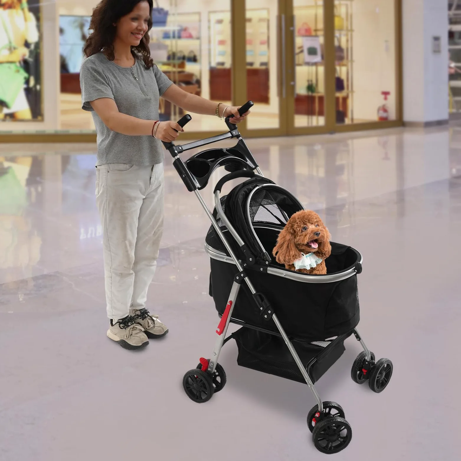 Passeggino pieghevole per cani, carrello per cani con ruote universali, per gatti e cani di piccola taglia, 50 x 60 cm (nero)