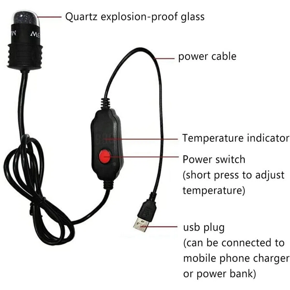 Mini riscaldatore per acquario sommergibile alimentato tramite USB, 10 W, con termometro integrato, regolatore di temperatura esterno utilizzato per serbatoio da 2-4 litri