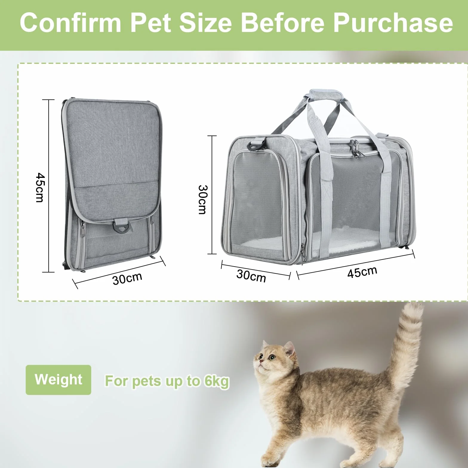 Trasportino Gatto Pieghevole – Borsa per Cani Leggera e Traspirante – Trasportino per Viaggi/Auto con Cintura Regolabile (Grigio)