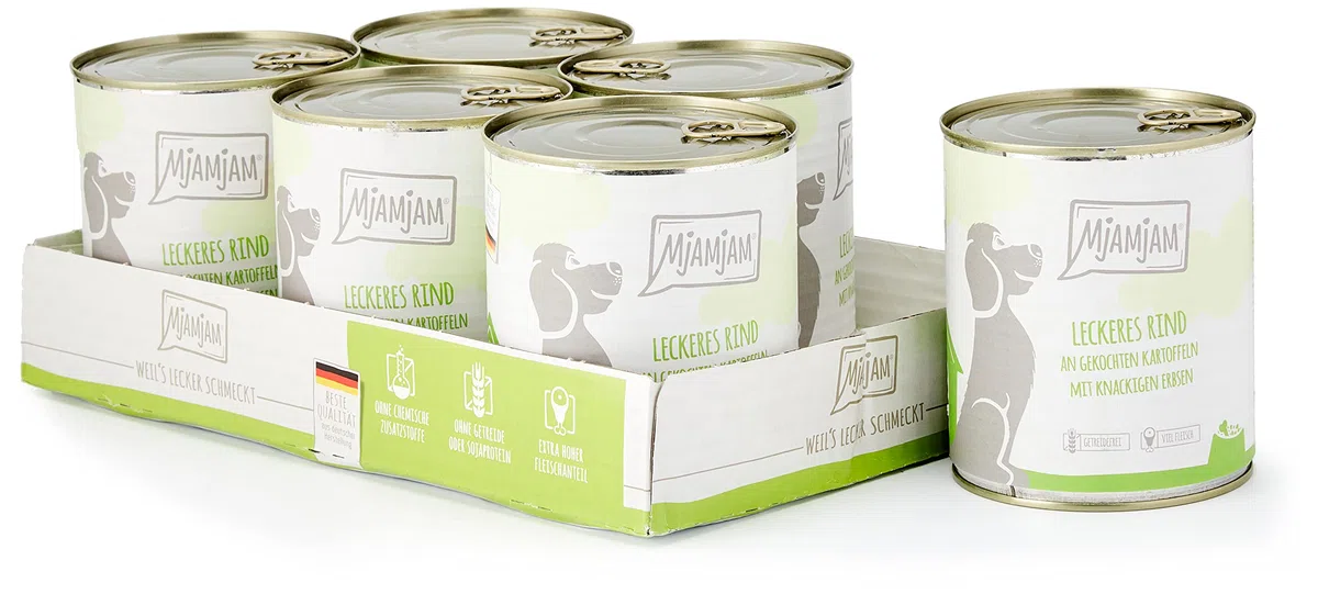 MjAMjAM - cibo umido premium per cani - delizioso manzo su patate bollite con piselli croccanti, confezione da 6 (6 x 800 g), naturale con carne extra