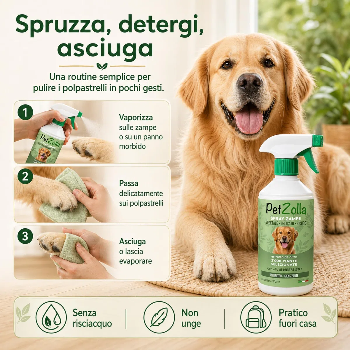 Spray pulisci zampe cane naturale e delicato 750ml, Lava zampe per cani senza risciacquo con olio di neem, argan e timo, azione idratante e protettiva - Made in Italy