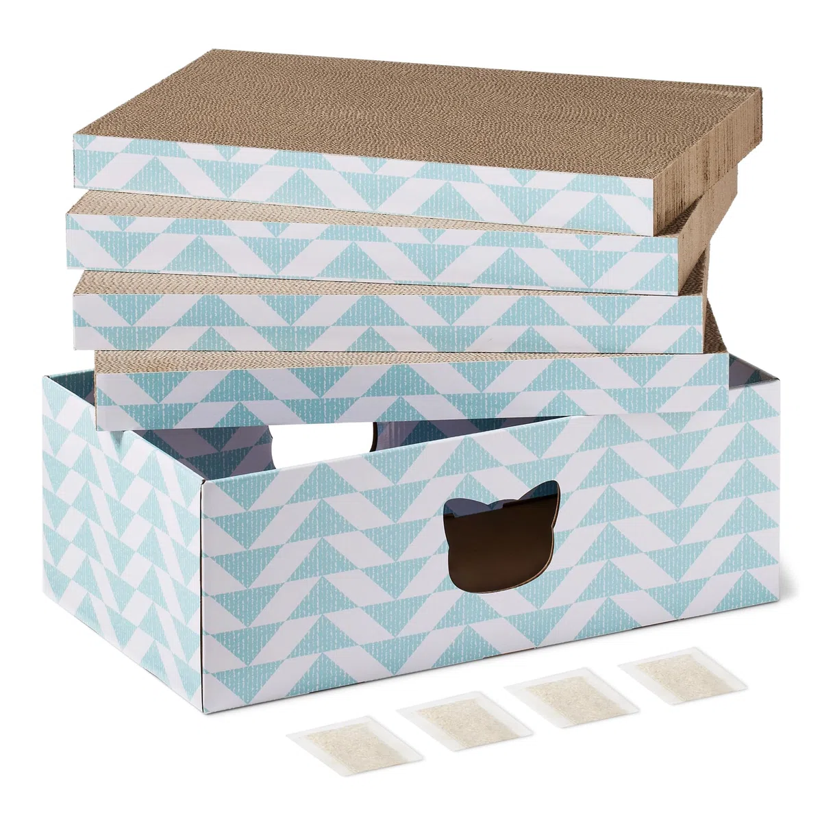 Amazon Basics - Tappetino Tiragraffi per Gatti da Interno con Scatola, Cartone Ondulato, Tiragraffi con Stampa a Colori ed Erba Gatta, Certificato FSC, Confezione da 4 Pezzi, 41,9 x 25,4X 3,8cm,Blu