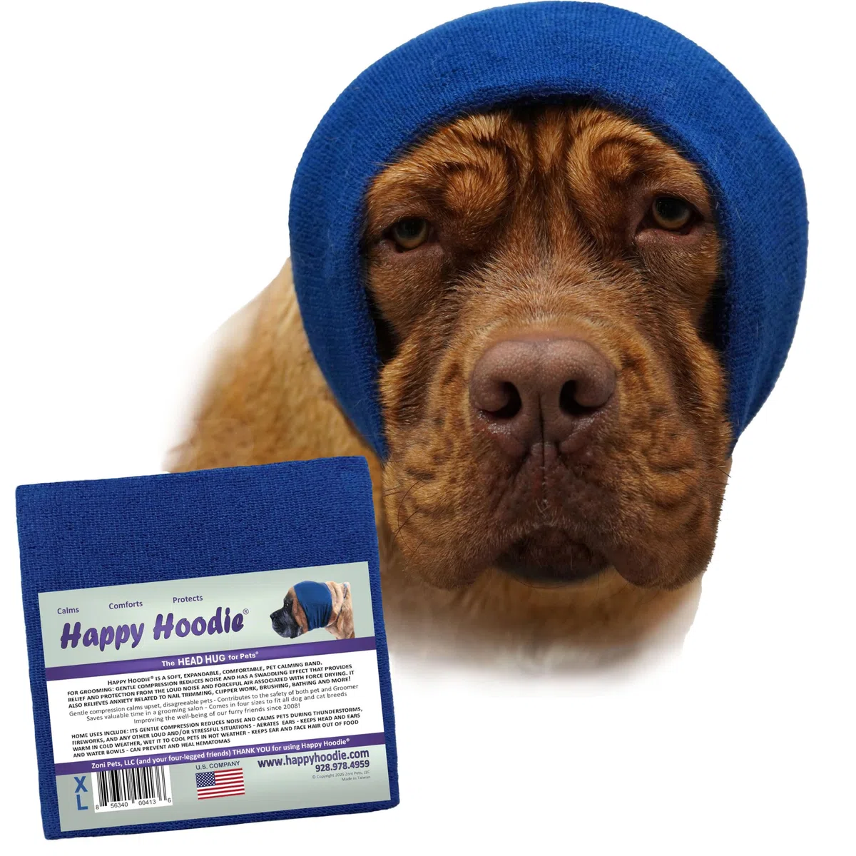 Happy Hoodie, Fascia calmante originale per cani e gatti, per alleviare l'ansia, cancellazione del rumore per fuochi d'artificio, temporali, toelettatura, aiuto calmante per cani dal 2008 (XL, blu)