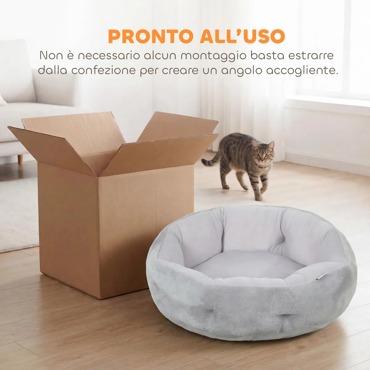 PawHut Letto per Gatti in Peluche, Cuccia per Gatti Rotondo con Bordo di Supporto, Uso su Entrambi i Lati, 62x62x21 cm, Grigio Chiaro