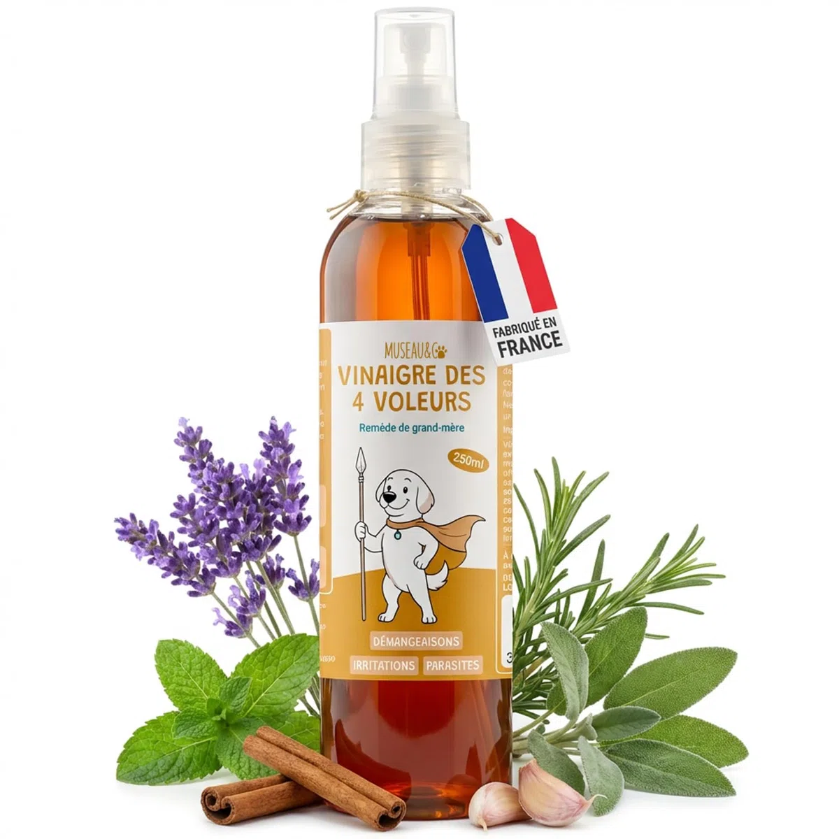Museau & Co Aceto dei 4 Ladri Spray 250ml per Cani e Gatti | Antiparassitario Naturale Pulci & Zecche | Antibatterico, Antifungino & Repellente Insetti | Senza Pesticidi