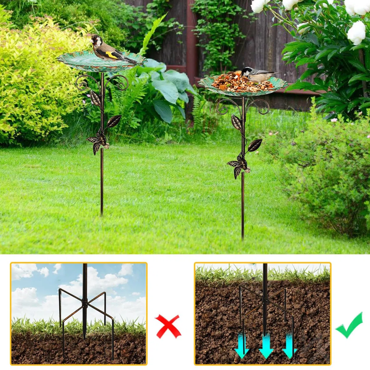 PORFOYO Abbeveratoio per uccelli in piedi, 77 cm/30 in, vasca per uccelli autoportante con base stabile a 5 punti, per uccelli, in metallo decorativo per terrazza e giardino