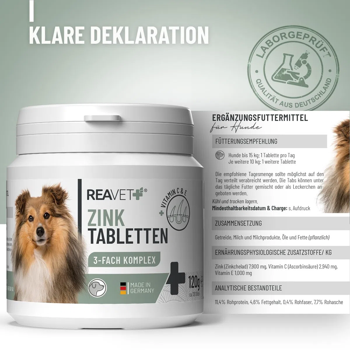 ReaVET 120 compresse di zinco per cani – ad alto dosaggio con vitamina C & E, compresse di zinco Plus vitamine per pelle secca, perdita di capelli, zinco cane per artigli e pellicce