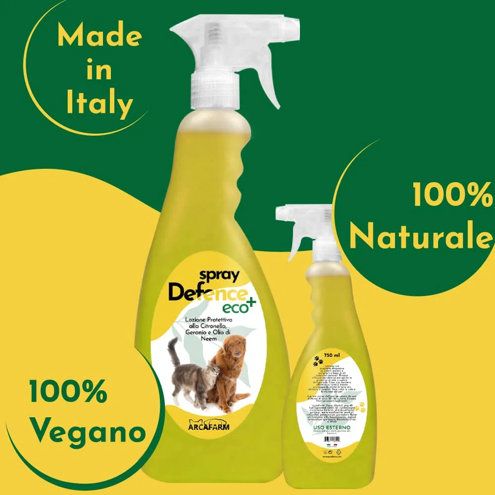 Repellente Naturale Spray per Cani Gatti alla Citronella Geranio Olio di Neem 750 ml Defence Eco+, Zanzare Mosche Insetti, Protezione Tripla Azione Immediata, 100% Made in Italy