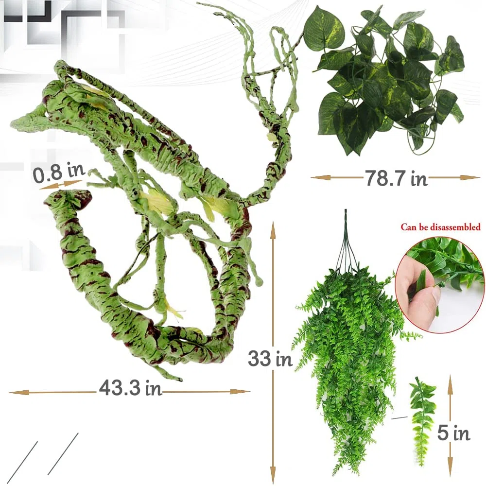 Hamiledyi Piante per rettili pieghevoli giungla rampicante rampicante terrario ramo foglie di plastica flessibili appese decorazione per habitat per animali domestici decorazione per drago barbuto