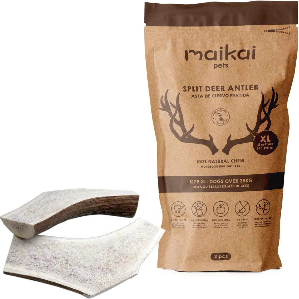 MAIKAI Corno di Cervo per Cani Taglia XL Tagliato a Metà – 100% Naturale + Sicuro e Resistente – Masticativo Lungo per Igiene Dentale – Giocattolo Naturale Cane - Regali Per Cani