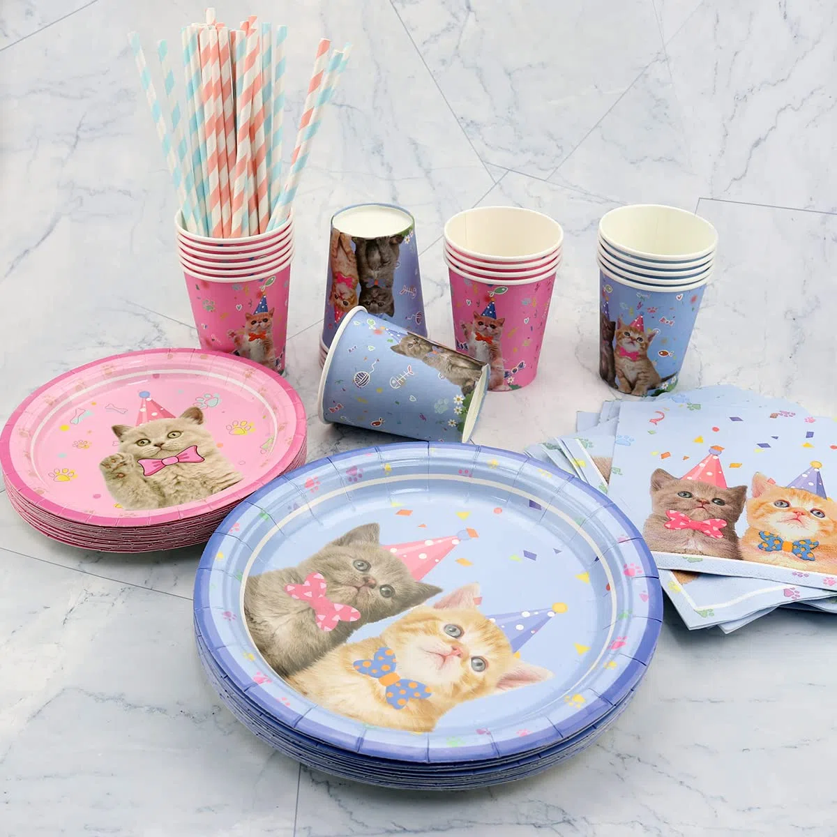 Set di forniture per decorazioni per feste di gatti, stoviglie per gatti con sfondo di buon compleanno per gatti Macaron Palloncini Piatti da dessert Piatti da dessert Tovaglioli- Serve 20