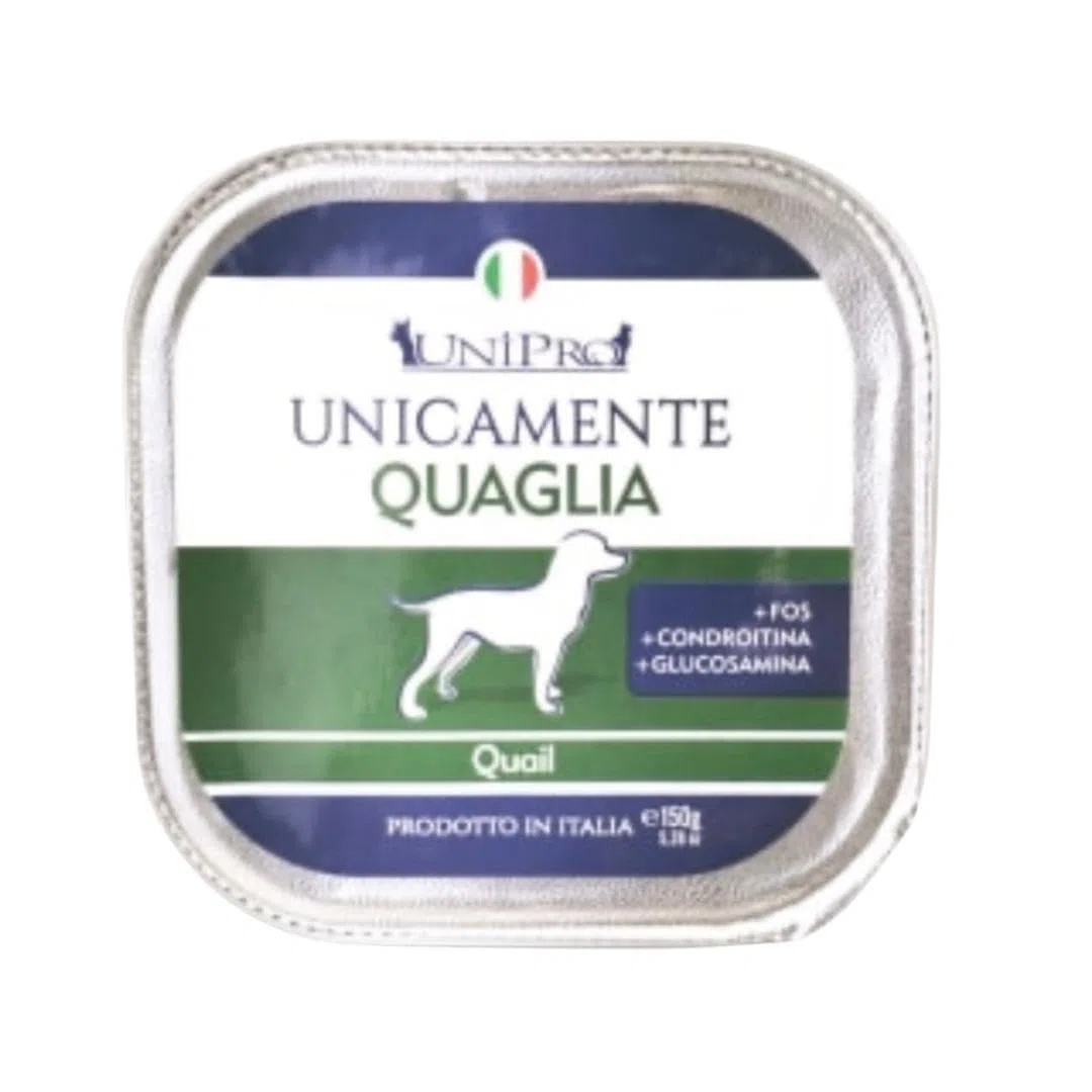 Umido Unipro Cane Unicamente Quaglia, alimento completo monoproteico per cani adulti di tutte le taglie e razze | 12 vaschette da 150 grammi l’una, 12x150gr.