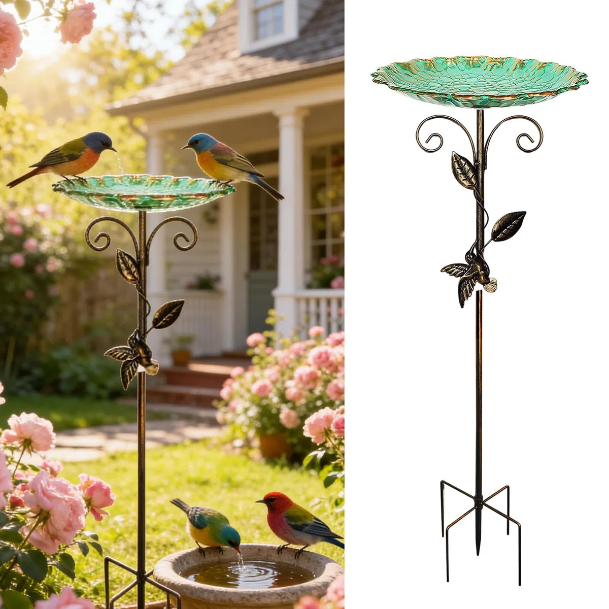 PORFOYO Abbeveratoio per uccelli in piedi, 77 cm/30 in, vasca per uccelli autoportante con base stabile a 5 punti, per uccelli, in metallo decorativo per terrazza e giardino