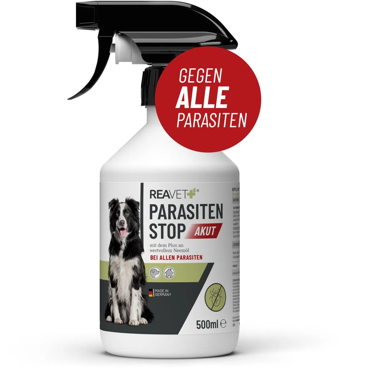 ReaVET Parassiti Stop AKUT – contro tutti i parassiti per cani e ambienti animali, 500 ml, spray per insetti – Protezione affidabile da zecche, pulci, acari, capelli e ectoparassiti