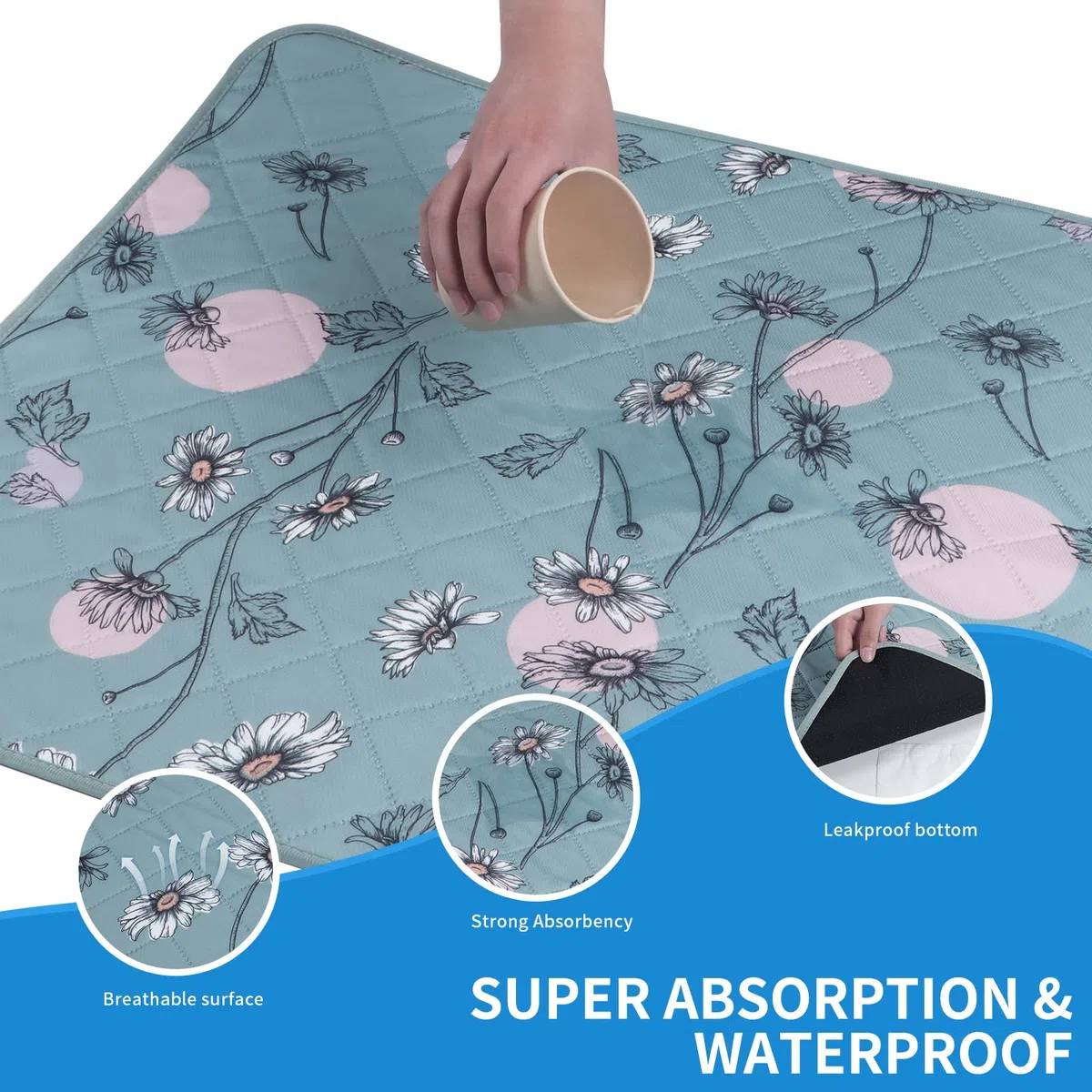 IEUUMLER 2PZ Tappetini Lavabili igienici per Cani, riutilizzabili educatore tappetino Pads per Cuccioli, Addestramento Assorbente traversine per cani per la Pipì FC013 (Margherita Verde, 60*90cm-2pcs)