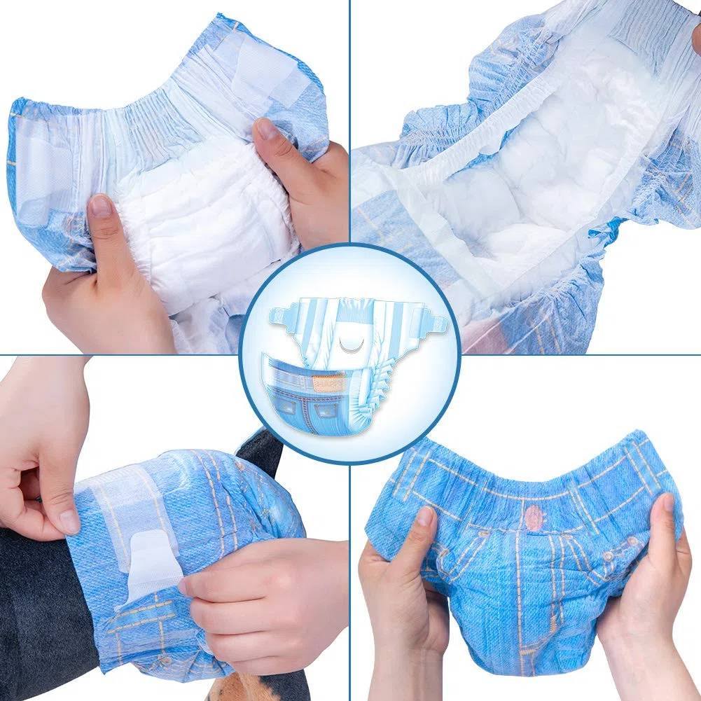 Pannolini per cani femmina, morbidi, super assorbenti, monouso, fantasia jeans, stile cowboy, pannolini per cuccioli, 24 pezzi