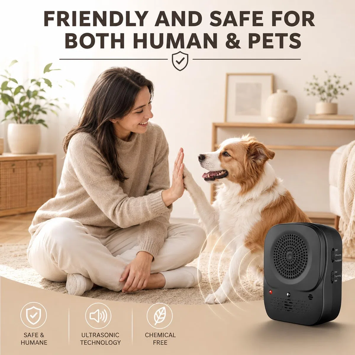 Dispositivo Antiabbaio per Cani, Ultrasuoni per Cani Ferma Abbaio Automatico con 4 modalità Frequenza con Telecomando, Dispositivo Antiabbaio Lungo Raggio 33ft, Interno/Esterno Efficace (Nero)