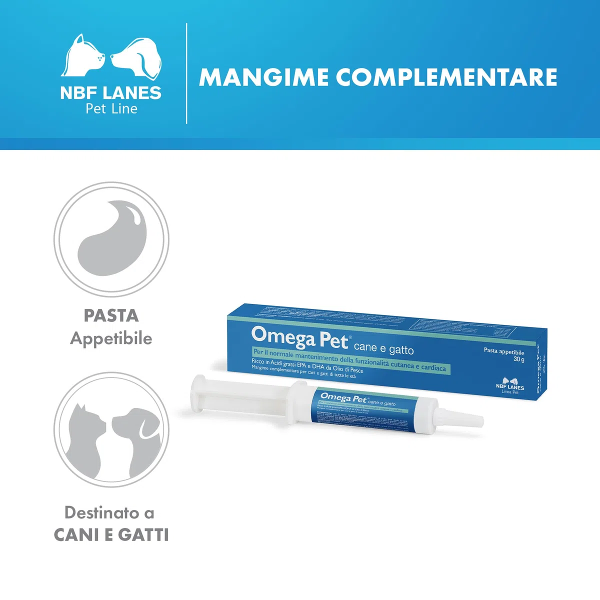 NBF Lanes | Omega Pet Cane e Gatto, Pasta Appetibile 30 g, per il Normale Mantenimento della Funzionalità Cutanea e Cardiaca