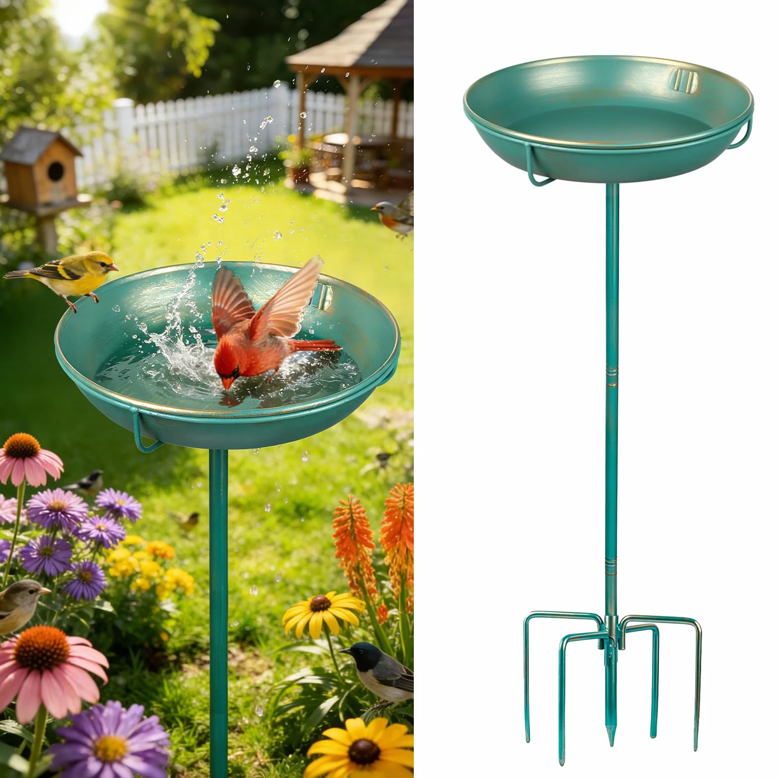 Mellbree Abbeveratoio per uccelli in piedi, 25 cm, grande bagno per uccelli con asta di seduta, multifunzionale per giardino, abbeveratoio per uccelli in metallo blu mare con decorazione dorata