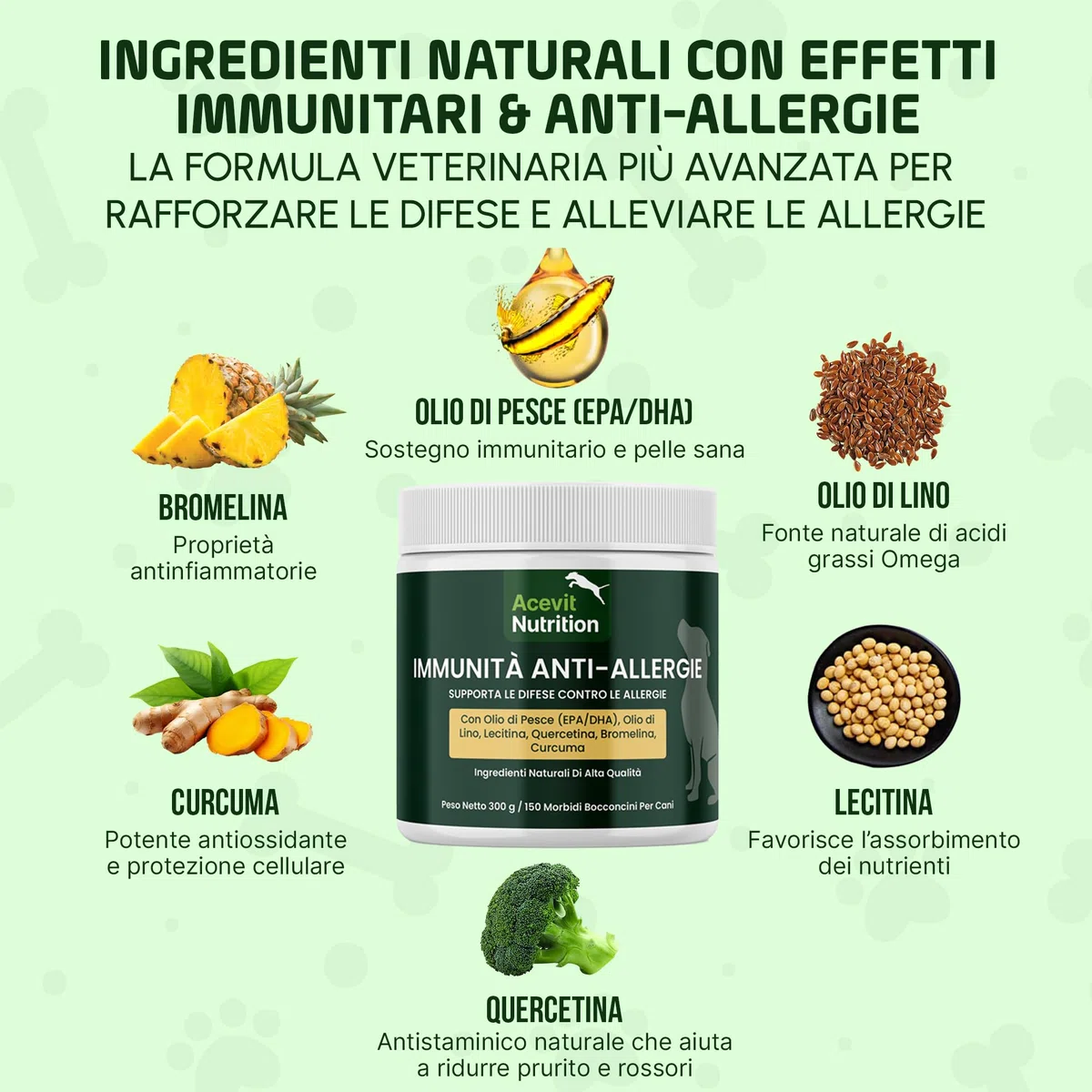 Prurito Cane & Pelle Sensibile, 150 Bocconcini, 100% Naturali – Integratore Anti-Allergie e Immunità – Olio di Pesce EPA/DHA, Quercetina, Curcuma e Bromelina – Supporto Cute e Pelo | Acevit Nutrition