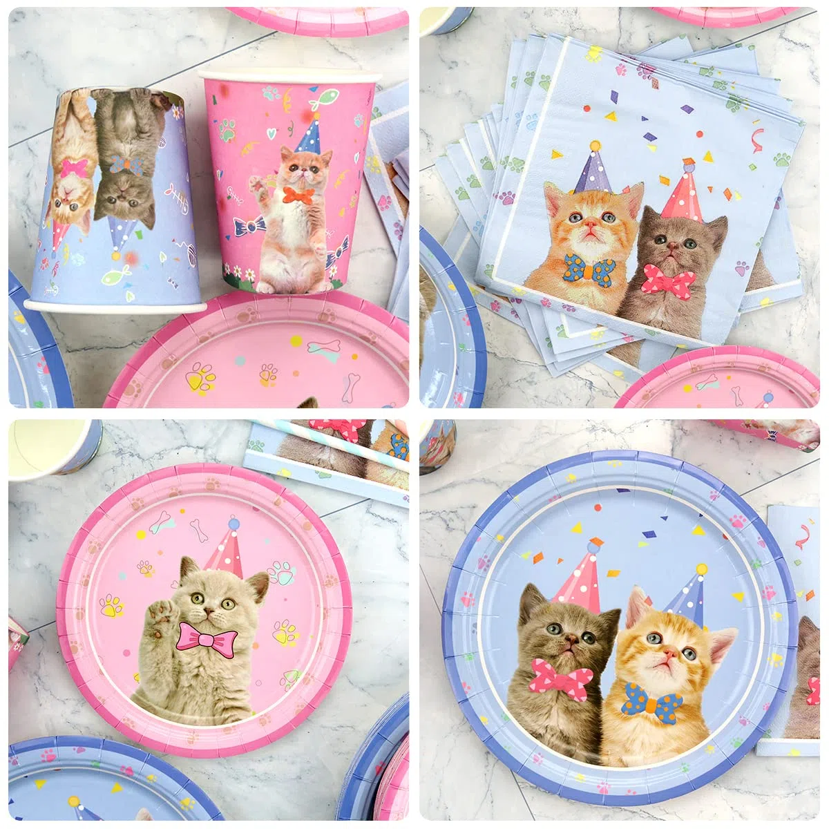 Set di forniture per decorazioni per feste di gatti, stoviglie per gatti con sfondo di buon compleanno per gatti Macaron Palloncini Piatti da dessert Piatti da dessert Tovaglioli- Serve 20