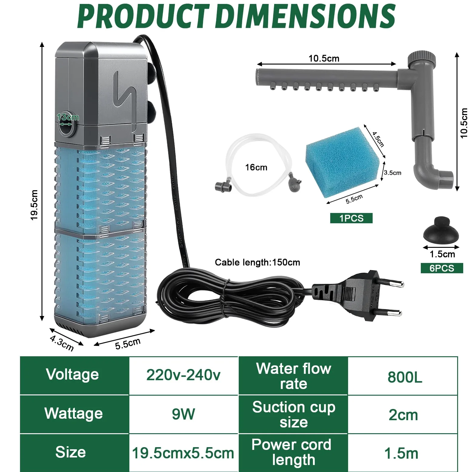 EXLECO Filtro Interno Acquario 9W, Pompa Filtri Interno per Acquari Regolabile 800L/H 1.1M con 2 Spugna Filtrante, Filtro Tartarughe d'Acqua Silenzioso con Spray Bar per 20-50L Piccoli Pesci Vasca