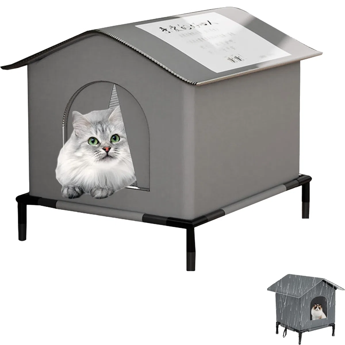 Cuccia Gatto Esterno Sollevata 7 cm con Tetto Inclinato, Casetta Isolata Resistente alla Pioggia con Tappetino, Rifugio Anti-Umidità per Gatti Randagi (40 * 33 * 33cm)