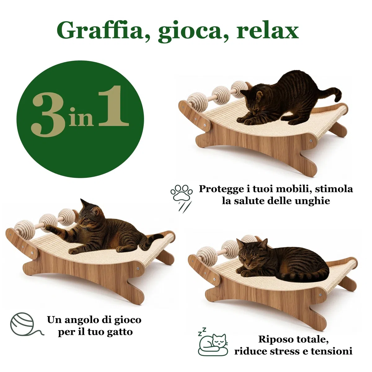 PetElegance -Tiragraffi per Gatti XXL - 3 in 1 con Palline Gioco - MDF e Sisal Naturale – Tiragraffi per Gatti Adulti Grandi, Centro Gioco e Relax - Design Elegante