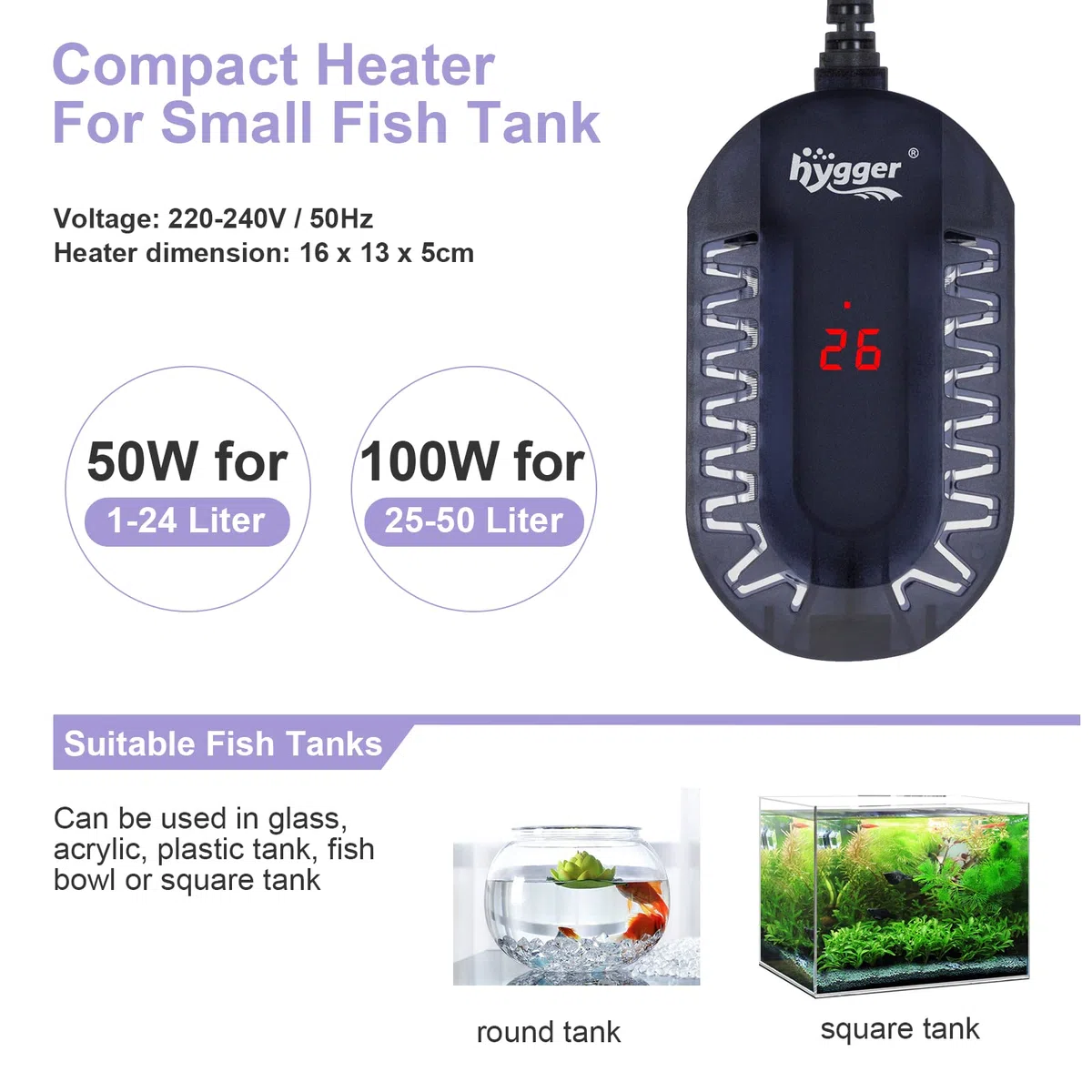 hygger Riscaldamento per Acquario, Mini Riscaldatore per Acquario 50 W Riscaldamento Regolabile per Acquario con Controller Esterno e Termometro Integrato per 1-24L