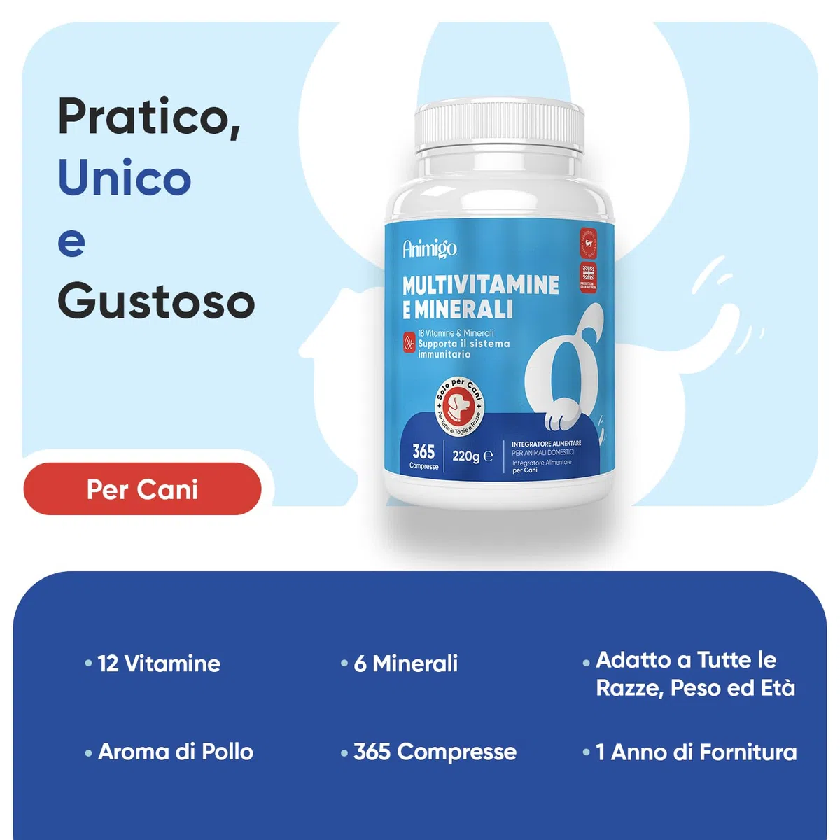 Vitamine per Cani con Minerali, 365 Compresse (1 Anno), 18 Vitamine e Minerali, Sistema Immunitario, Ossa, Articolazioni e Pelo, Integratori per Cani per Tutte le Taglie ed Età, Formulato nel Regno