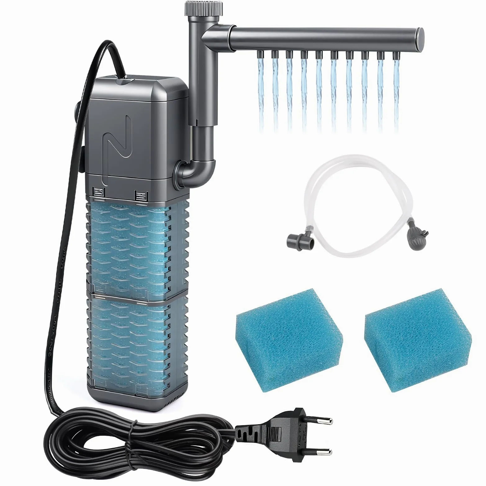 EXLECO Filtro Interno Acquario 9W, Pompa Filtri Interno per Acquari Regolabile 800L/H 1.1M con 2 Spugna Filtrante, Filtro Tartarughe d'Acqua Silenzioso con Spray Bar per 20-50L Piccoli Pesci Vasca