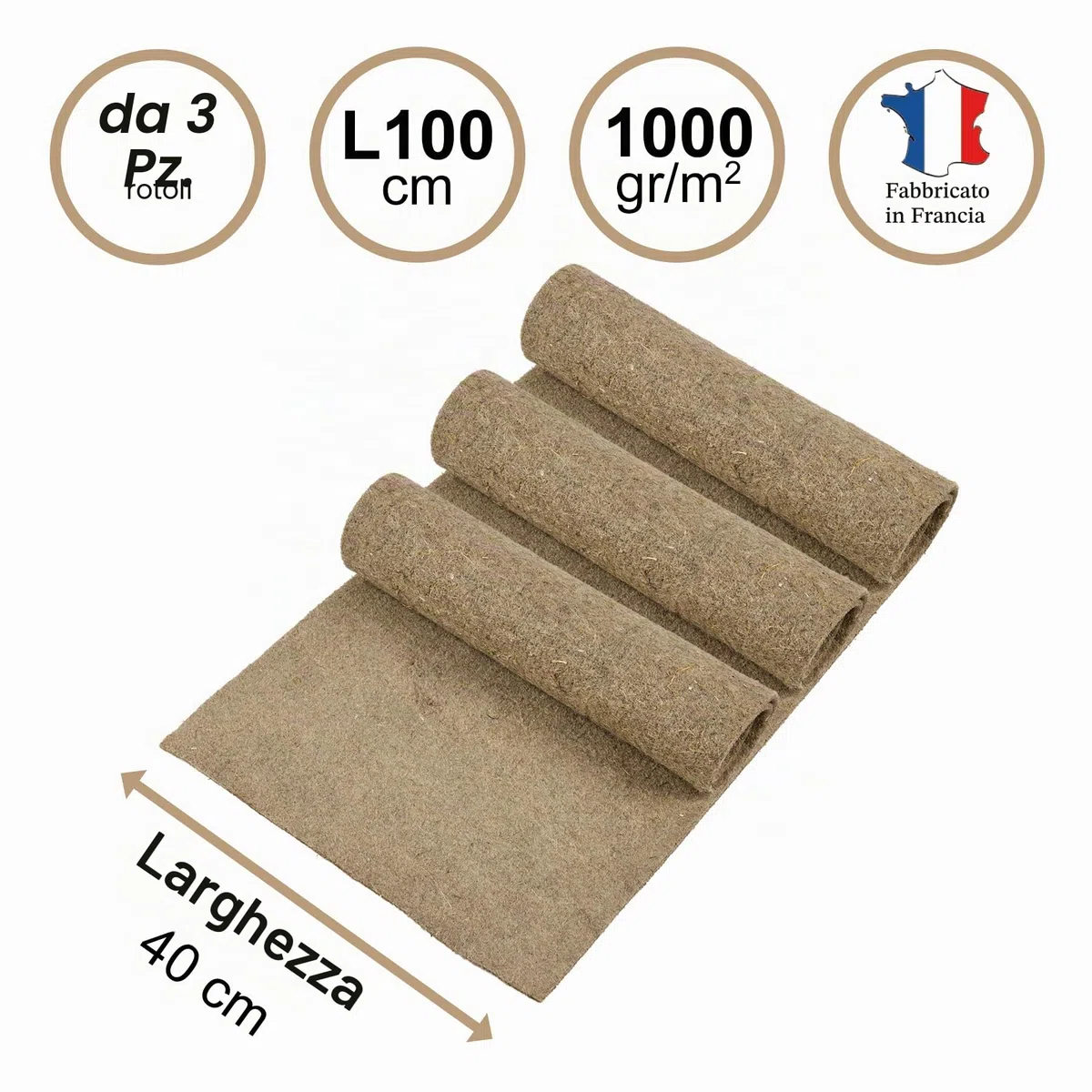 La Cordeline Set di 3 tappeti lettiera canapa naturale, 40 x 100 cm, 1000 g/m², fondo gabbia per roditori, conigli, criceti, ecc