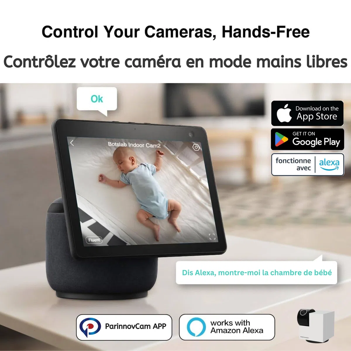 3MP Telecamera interna WiFi, Baby Monitor, Videocamera con controllo WiFi interno, Rilevamento del mov. e del suonoo, Tracciamento, Walkie-talkie, Notturna, Telecamera per cani e gatti, Alexa