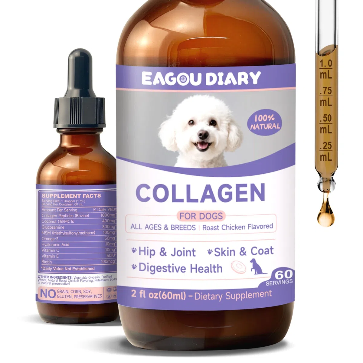 Eagou Diary Collagene per Cani - Supporto per Articolazioni e Flessibilità, Salute della Pelle e del Pelo, Glucosamina, MSM, Olio di Cocco, Vitamina C E, Biotina - Supporto Sistema Immunitario, 60ml