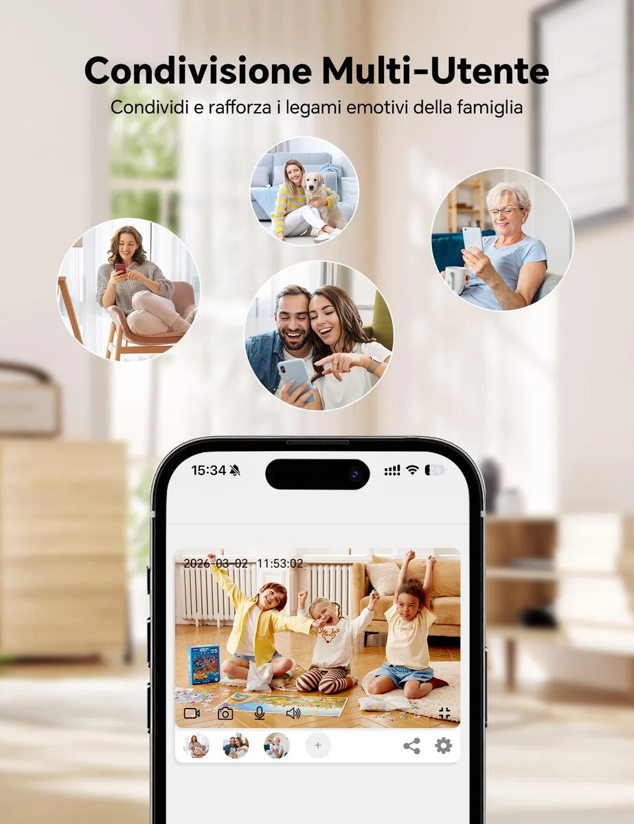 WOLFANG Telecamera Wi-Fi Interno 2K, Telecamera per Cani con Rilevamento Movimento e Visione Notturna, Baby Monitor con Audio Bidirezionale, Compatibile con Alexa/Google, Senza Canone Mensile, 2 Pezzi