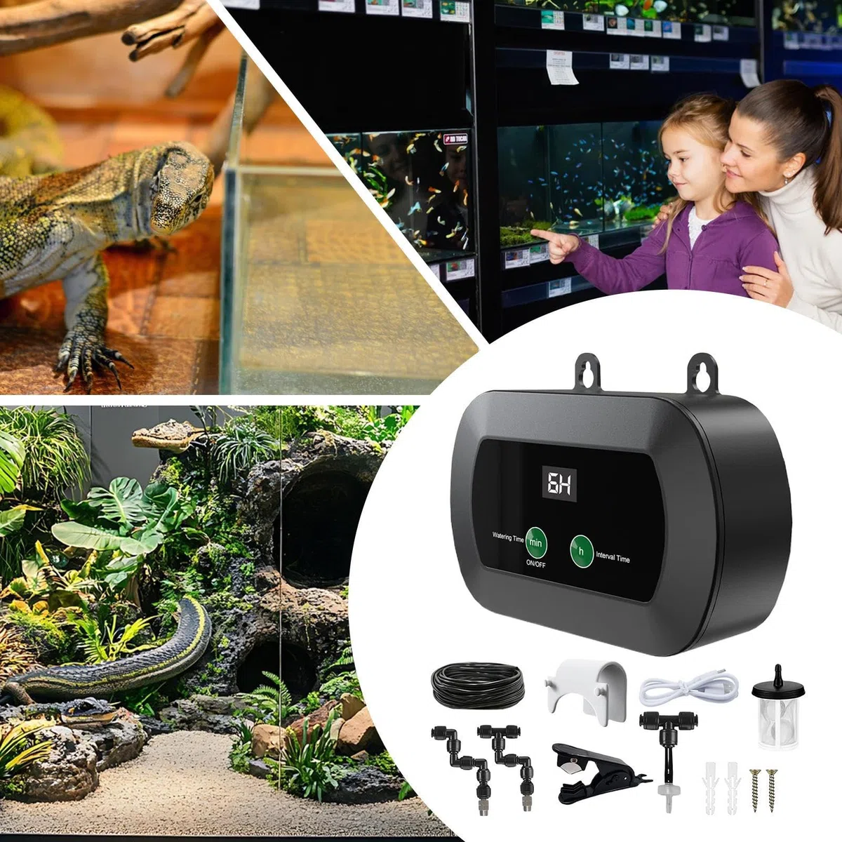 Umidificatore per terrario, nebulizzatore automatico per rettili, con ugelli spray regolabili con timer, di silenziosa per vivario, lucertola, serpente, anfibi, uso serbatoio, 11,4 x 5