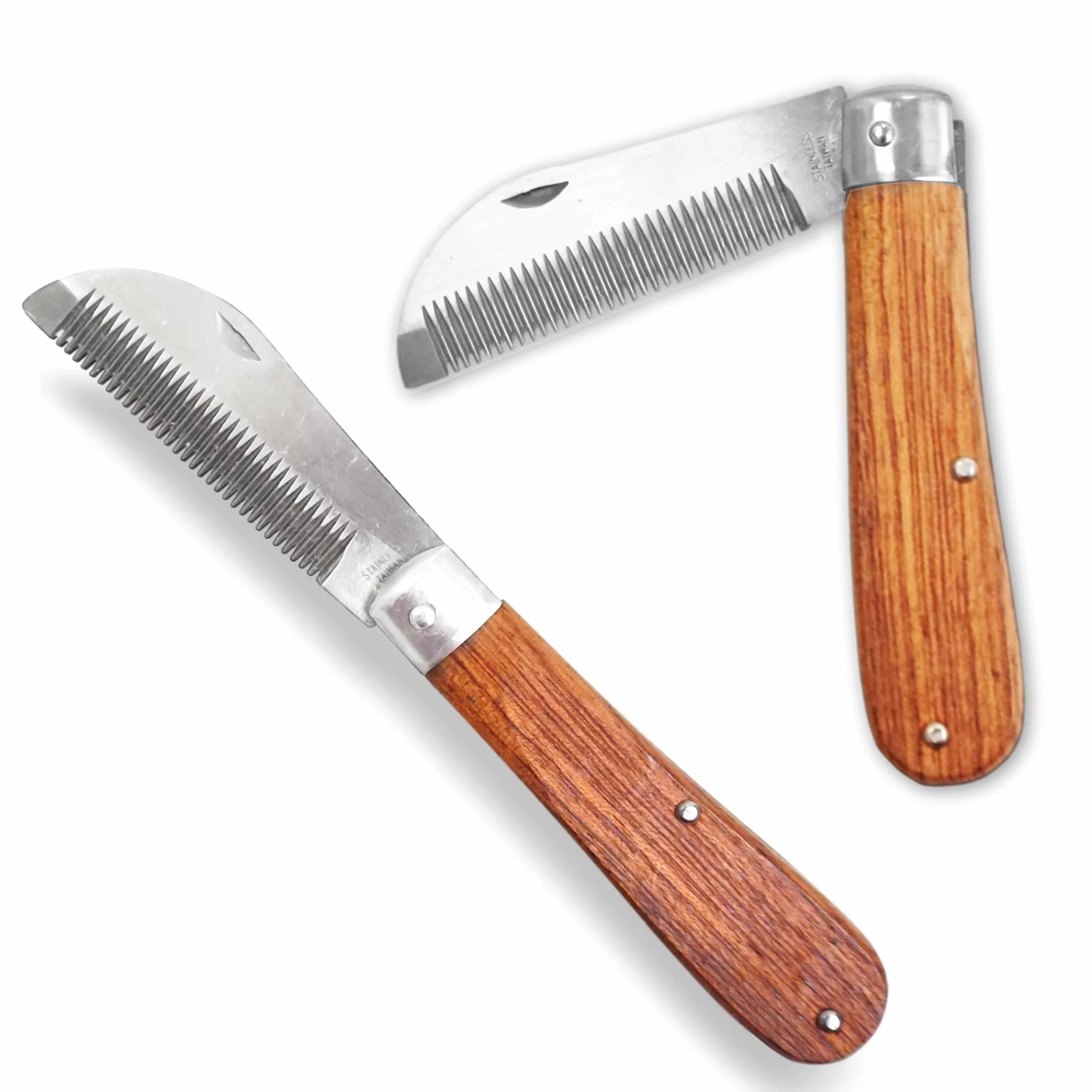 Pferdelinis Coltello da criniera per cavalli, lunghezza 18 cm, pettine per criniera con manico in legno, pieghevole, in acciaio inox (2)