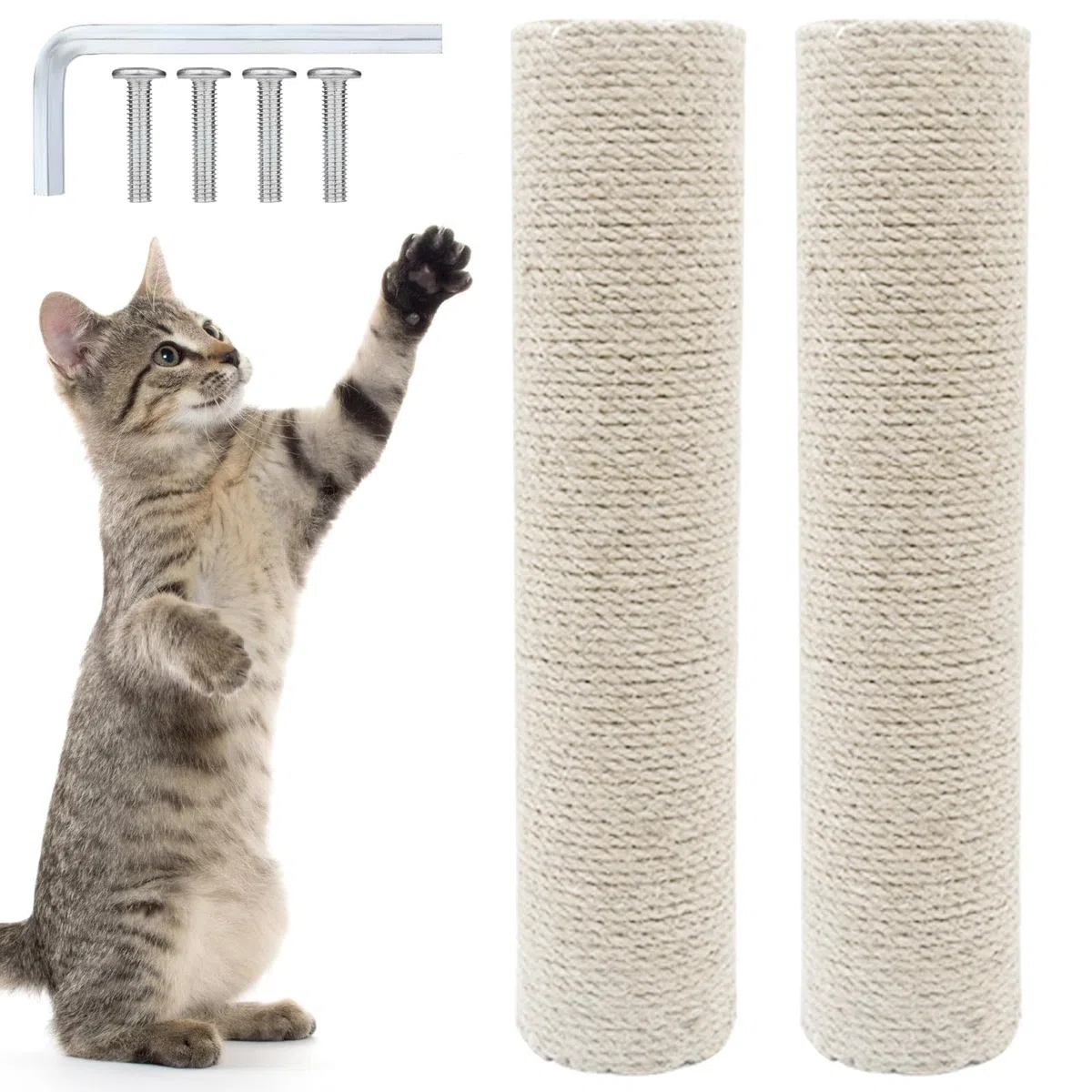 Tiragraffi di ricambio per gatti, 2 tronchi per gatti, lunghezza 40 cm, tiragraffi in sisal naturale, colonna tiragraffi con viti M8, pezzi di ricambio per ristrutturazione, fai da te (bianco)