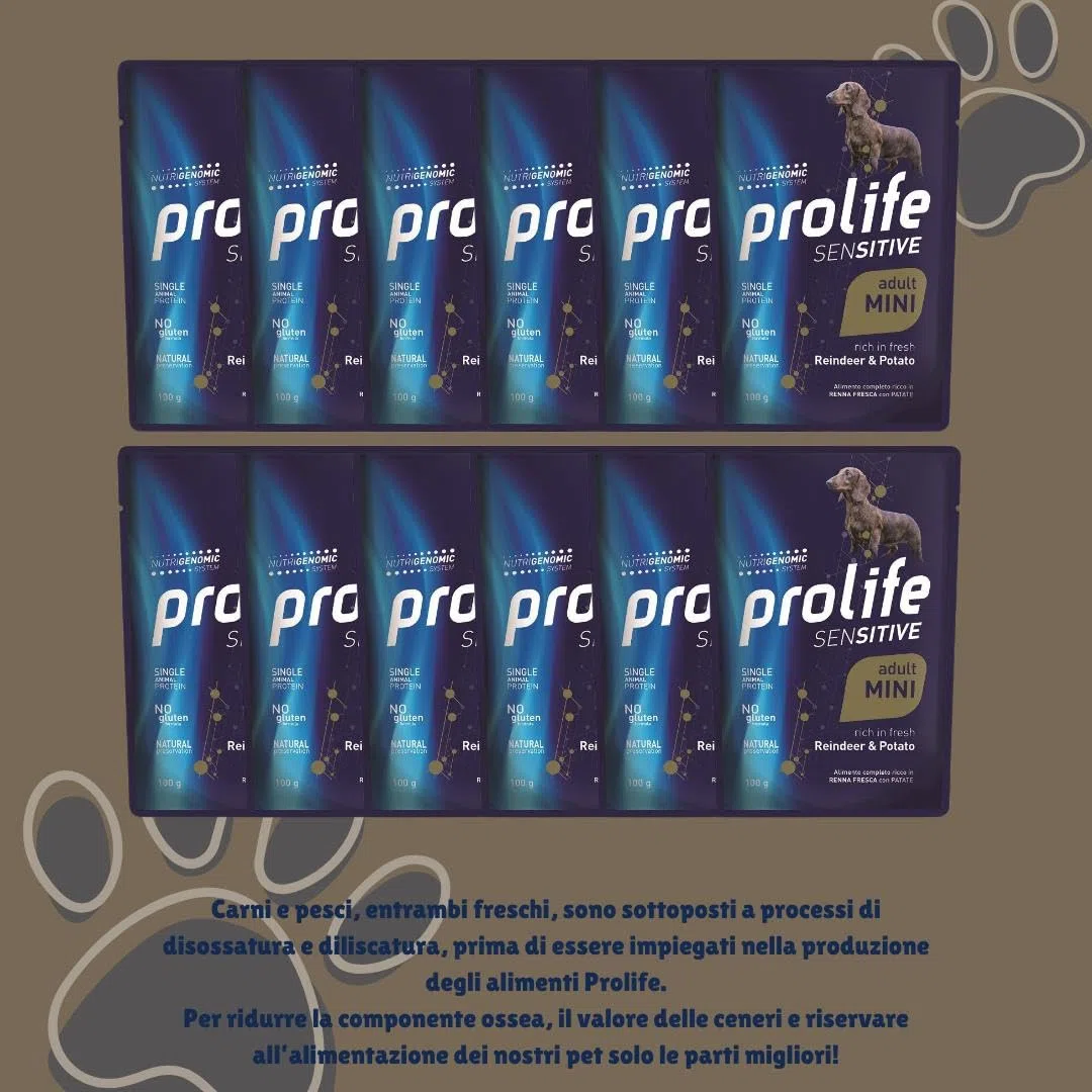 Prolife Umido Cane Sensitive Adult Mini, alimento completo per cani adulti di tutte le taglie, gusto RENNA FRESCA e PATATE 100g | 12 bustine da 100 grammi l'una.