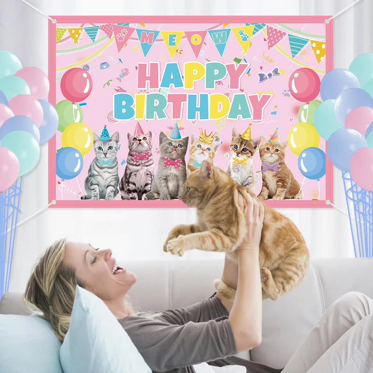 Set di forniture per decorazioni per feste di gatti, stoviglie per gatti con sfondo di buon compleanno per gatti Macaron Palloncini Piatti da dessert Piatti da dessert Tovaglioli- Serve 20