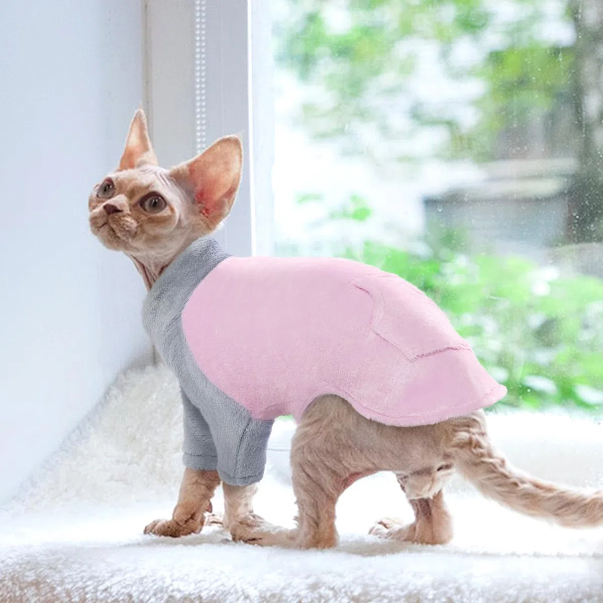 Maglione a collo alto, giacca in pile, gilet per gatti, caldo, abbigliamento per gatti senza peli, pullover, giacca di flanella, rosa, L