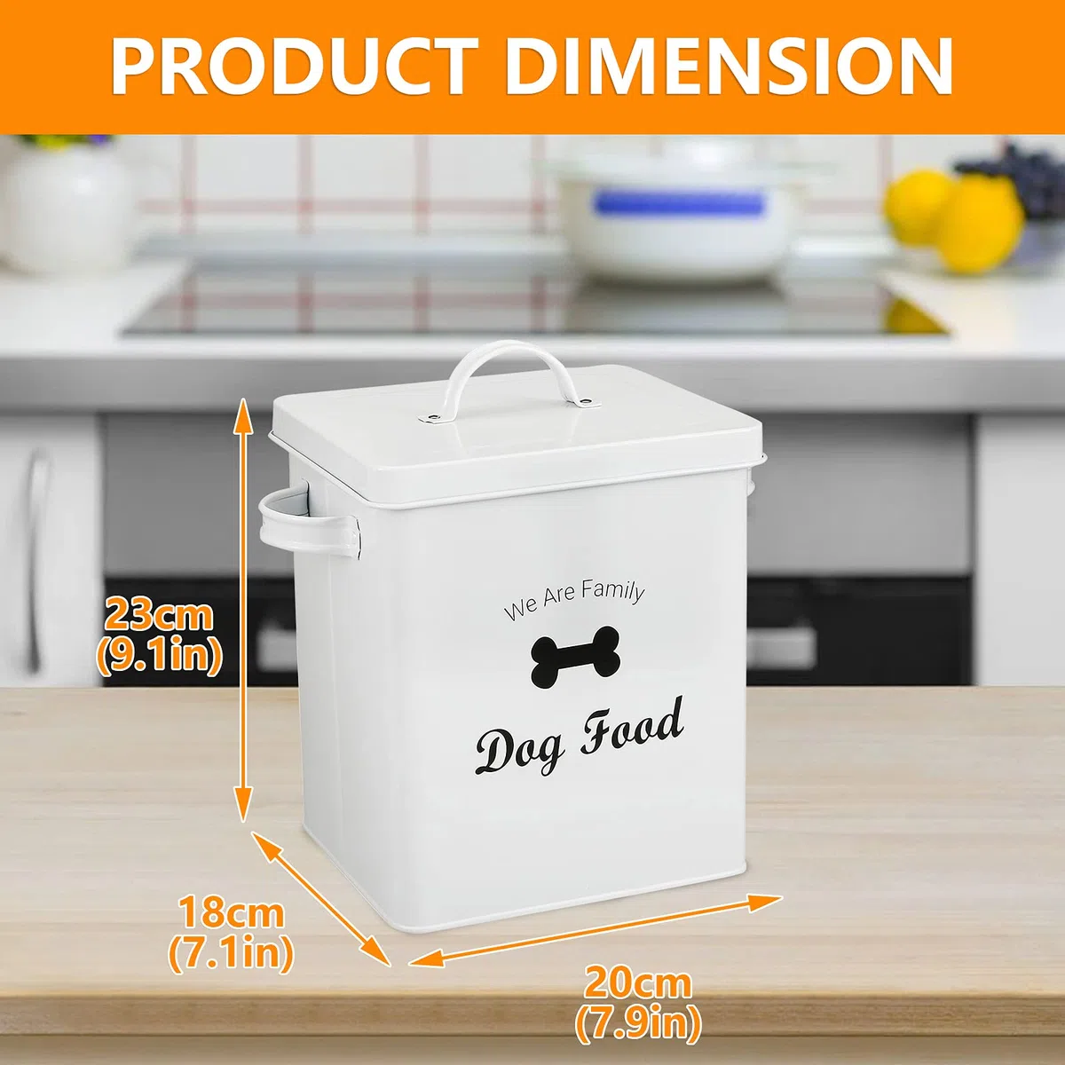 Pethiy Contenitore crocchette Cibo e Trattare per Cani, con Coperchio e Paletta, capacità 2,3 kg, Contenitore per Alimenti in Metallo per Animali Domestici-Bianco-Dog Food