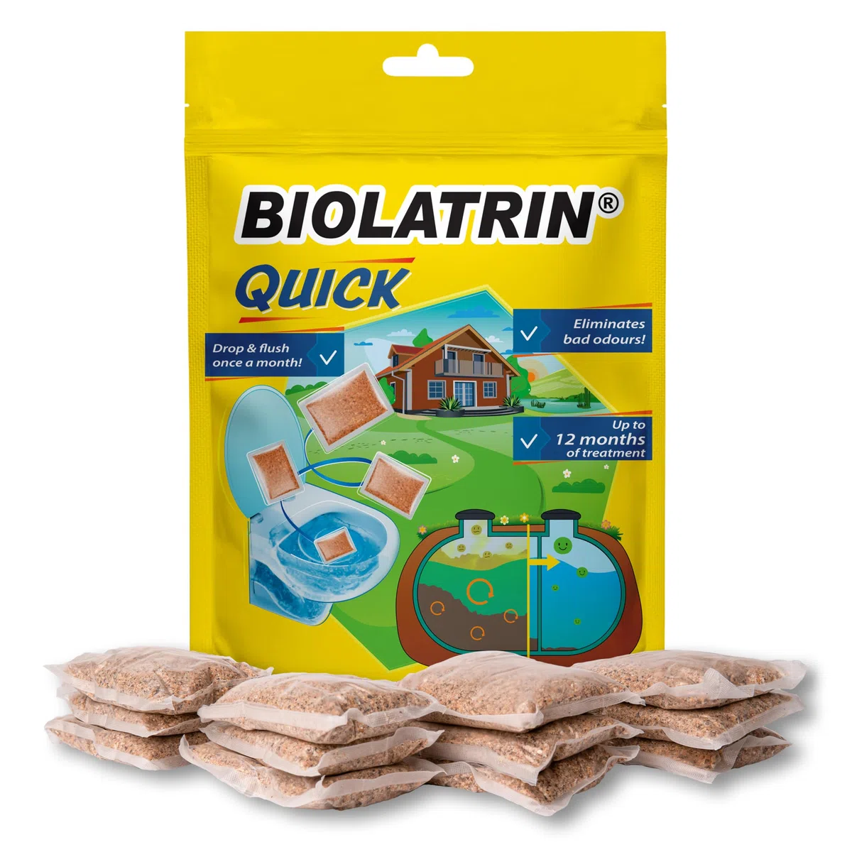 QUICK - Trattamento Biologico Avanzato per Fosse Settiche - per Casa, Fattoria, Aree Ricreative - Risultati Rapidi - Adatto a Sistemi Moderni - Sufficiente per 1 anno - 12 sacchetti - 400G
