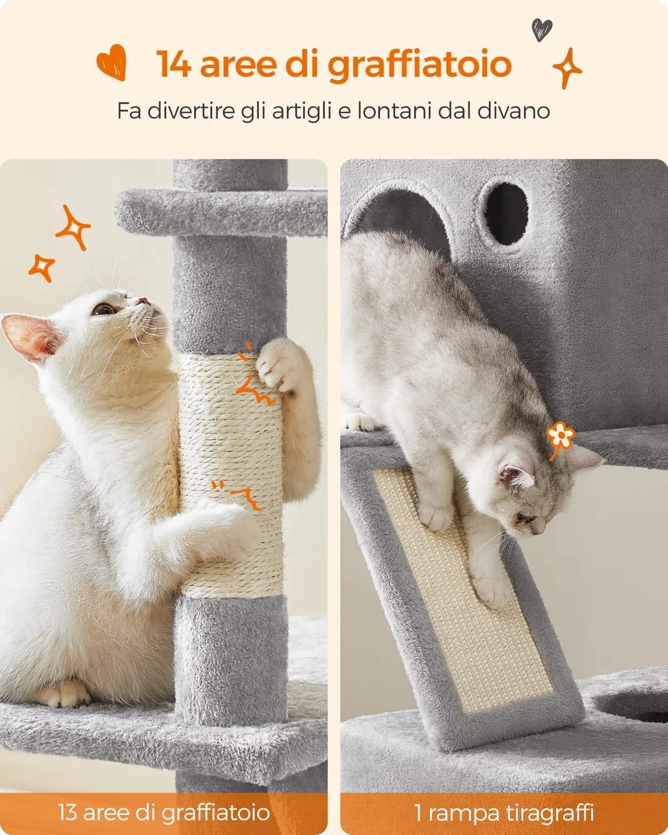 Feandrea Albero per Gatti, Alto 206 cm, Tiragraffi per Gatti Adulti, XXL, con 13 Graffiatoi, 2 Posatoi, 2 Grotte, Cesto, Pompon, in Peluche a Più Livelli per Interno, Grigio Chiaro PCT190W01