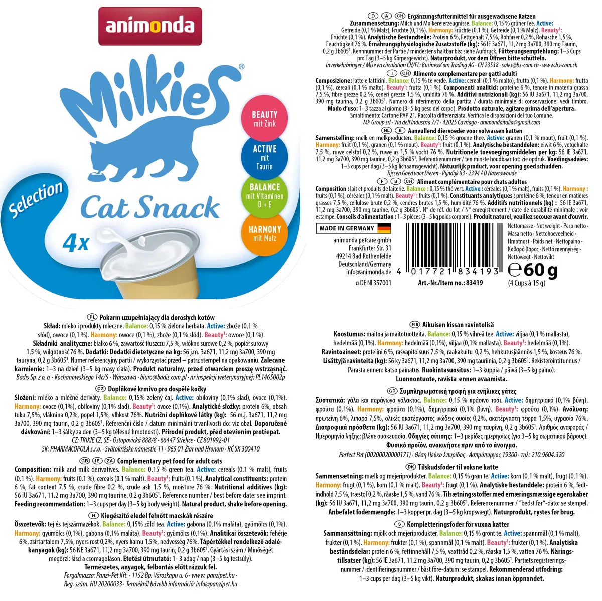 animonda milkies Latte per gatti porzionato latte per gatti variety, 15 x 4 tazze