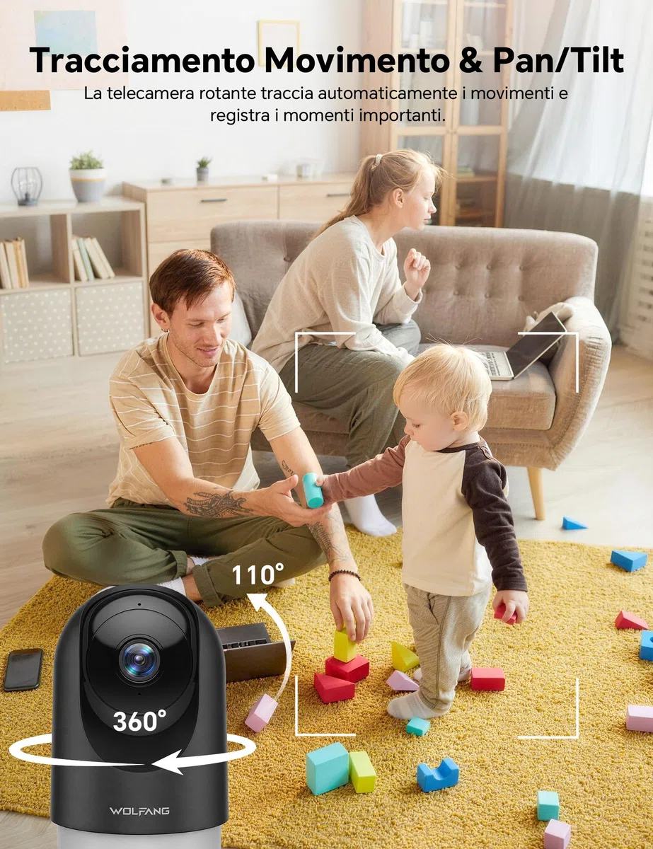 WOLFANG Telecamera Wi-Fi Interno 2K, Telecamera per Cani con Rilevamento Movimento e Visione Notturna, Baby Monitor con Audio Bidirezionale, Compatibile con Alexa/Google, Senza Canone Mensile, 2 Pezzi