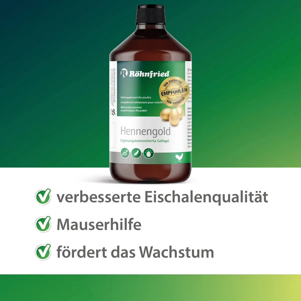 Röhnfried Hennengold Integratore Alimentare (1000 ml) con minerali e Calcio per polli additivo per Acqua Potabile Contro Le Uova rotte e per Aiutare la Muta, mangime per Allevamento